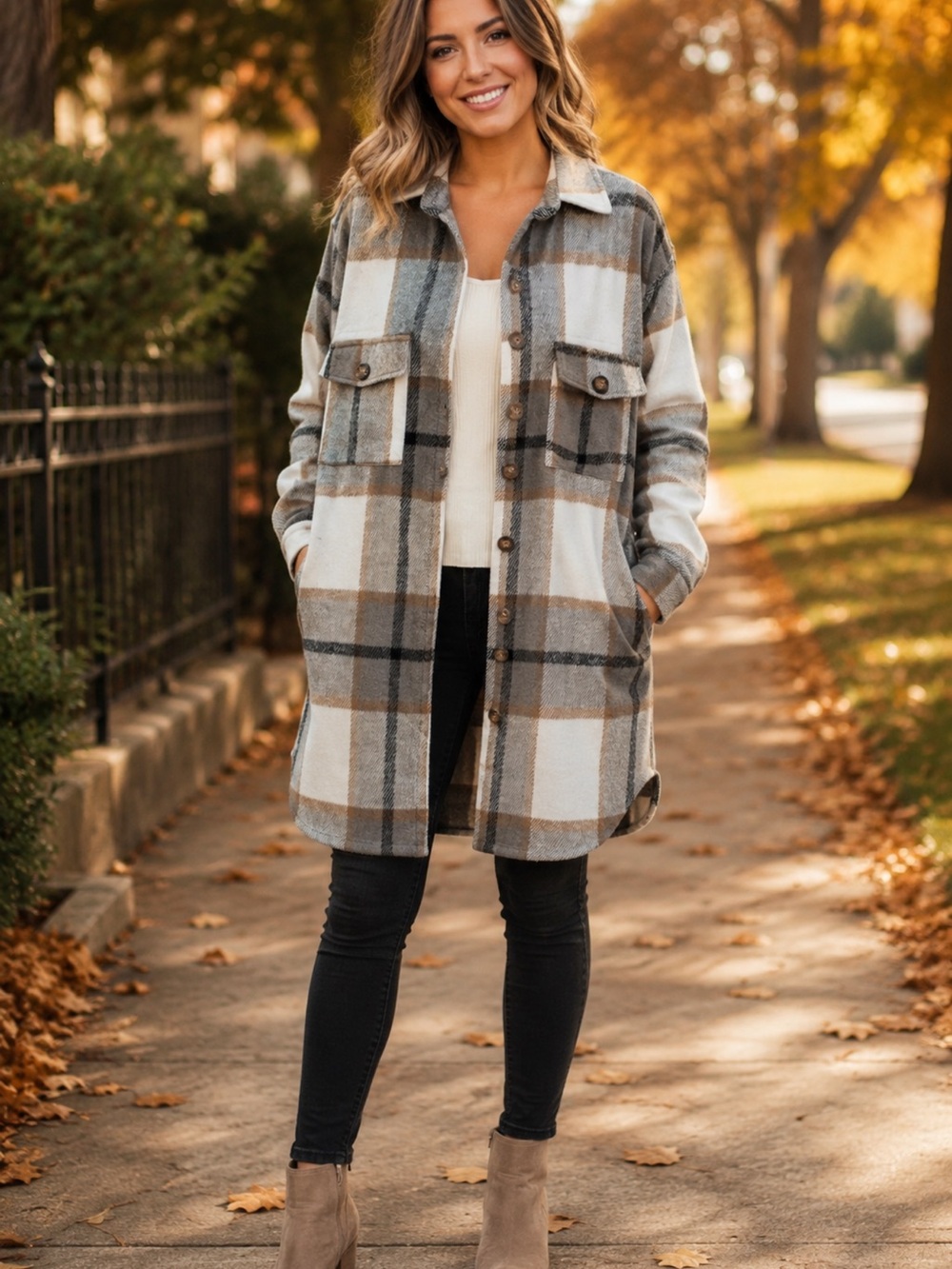 Women’s Plaid Utility Shacket in Cream, Gray & Tan